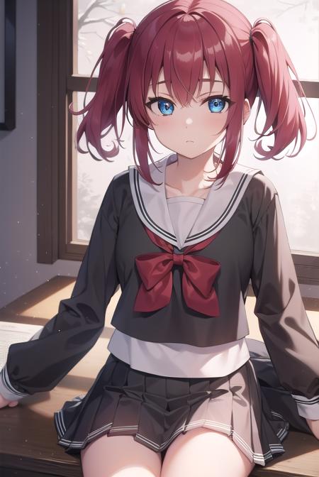 rubykurosawa, <lora:rubykurosawa-lora-nochekaiser:1>, 
ruby kurosawa, aqua eyes, medium hair, red hair, two side up, twintails, (flat chest:1.2), 
BREAK black socks, bow, bowtie, brown footwear, buttons, grey sailor collar, grey skirt, loafers, long sleeves, miniskirt, pleated skirt, sailor collar, school uniform, serafuku, shirt, shoes, skirt, uranohoshi school uniform, white shirt, winter uniform, yellow bow, yellow bowtie,
BREAK looking at viewer, 
BREAK indoors, classroom, 
BREAK <lyco:GoodHands-beta2:1>, (masterpiece:1.2), best quality, high resolution, unity 8k wallpaper, (illustration:0.8), (beautiful detailed eyes:1.6), extremely detailed face, perfect lighting, extremely detailed CG, (perfect hands, perfect anatomy),