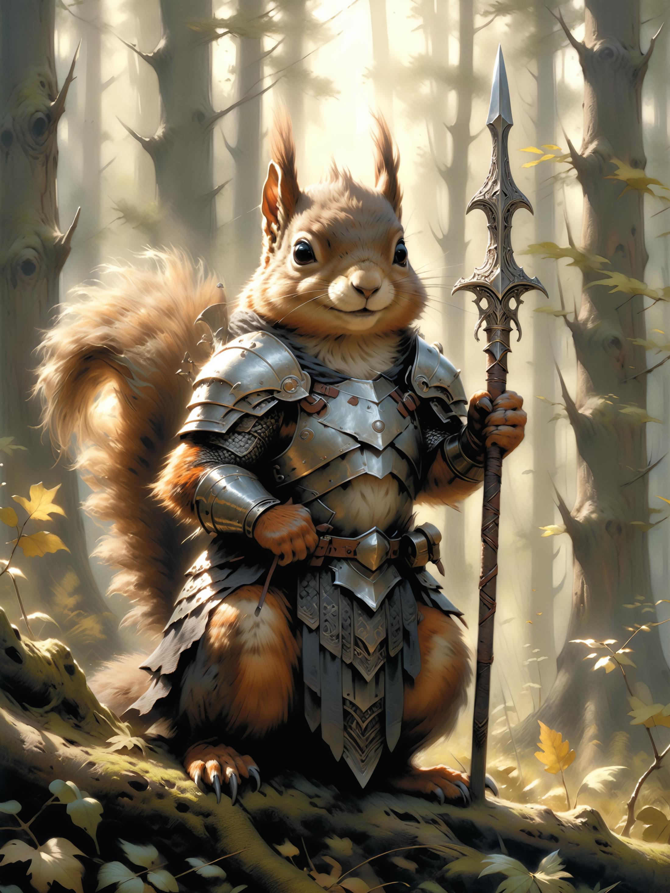 A cartoon squirrel in a suit of armor holding a spear.