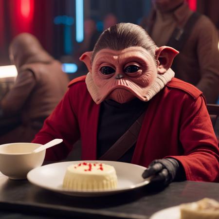 cinematic film still of  <lora:Nien Nunb:1.2>
Nien Nunb a person in a red shirt sitting in dinner eating a cake in star wars universe, shallow depth of field, vignette, highly detailed, high budget, bokeh, cinemascope, moody, epic, gorgeous, film grain, grainy