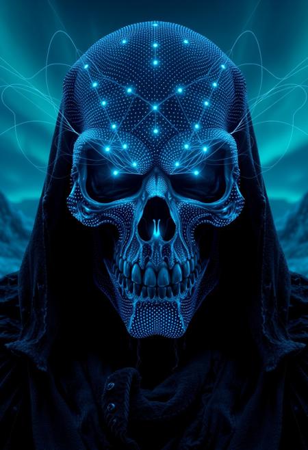 A symmetric portrait of Masters of the universe Skeletor, features dissolving into frozen magic thin, luminescent blue lines. Weighted Voronoi stippling and laser caustics create a network, transitioning from hyperrealistic detail to abstract, quantum-inspired forms. Ethereal hues blend, evoking existential transition and mystery. Close-up on face, evil skull partially visible. Set against a twilight arctic backdrop, icy winds ripple through his tattered robes. Rendered in a fusion of photorealism and digital surrealism, the scene is illuminated by ghostly Northern Lights. Emphasis on cold, menacing atmosphere, invoking Nordic myths