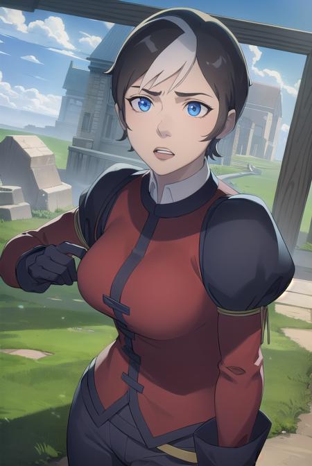 cassandraderolo, <lora:cassandra de rolo-lora-nochekaiser:1>,
cassandra de rolo, short hair, blue eyes, black hair, white hair, multicolored hair, two-tone hair,
BREAK gloves, black gloves, pants, puffy sleeves, long sleeves, shirt, red shirt, high collar,
BREAK outdoors, forest, nature, grass, trees, sun, sky, clouds,
BREAK looking at viewer, (cowboy shot:1.5),
BREAK <lyco:GoodHands-beta2:1>, (masterpiece:1.2), best quality, high resolution, unity 8k wallpaper, (illustration:0.8), (beautiful detailed eyes:1.6), extremely detailed face, perfect lighting, extremely detailed CG, (perfect hands, perfect anatomy),