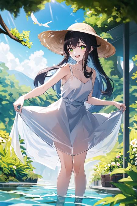 1girl, hat, dress, green_eyes, solo, blurry, bird, depth_of_field, open_mouth, outdoors, blurry_foreground, straw_hat, day, brown_hair, grass, breasts, looking_at_viewer, blurry_background, skirt_basket, long_hair, sleeveless, white_dress, blush, sleeveless_dress, collarbone, smile, bare_shoulders, bangs, flower, medium_breasts, standing, skirt_hold, water, wading, bare_arms, small_breasts, sundress, sun_hat, tree, animal, holding, wet, :d, plant, feet_out_of_frame, eyebrows_visible_through_hair, leaning_forward, sunlight, sky, blue_sky  <lora:style_YoneyamaMaiSTDX0:1>