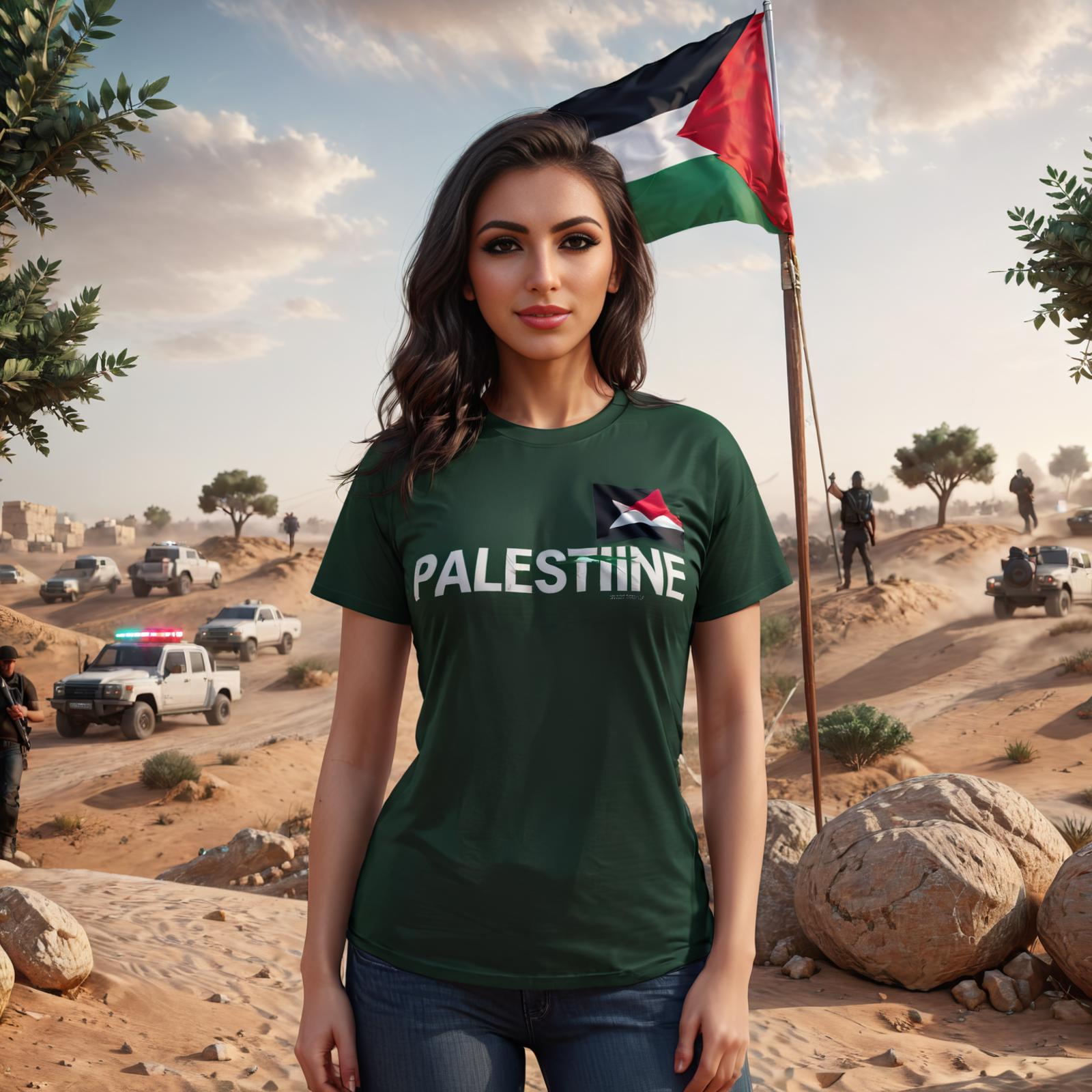 A woman wearing a Palestine shirt stands in the desert with a flag in the background.
