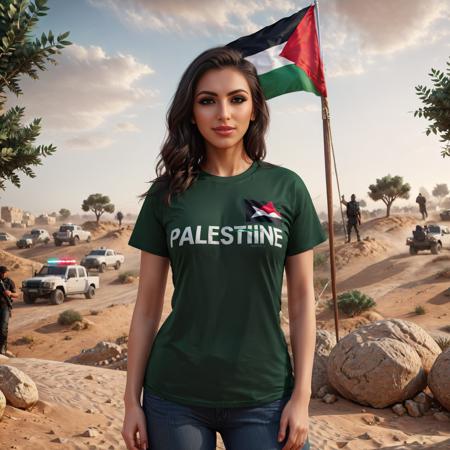 realistic,highres,reality,creative,huge filesize, <lora:PalestineFlagSdxl:1>,  t - shirt with the palestine flag on it creative]], [hyper realistic, high coherence, symmetrical, highly detailed, elegant, concept art, 3d octane render, unreal engine 5, trending on artstation, badass pose, octane render, path tracing, serene landscape, cinematic, filmic