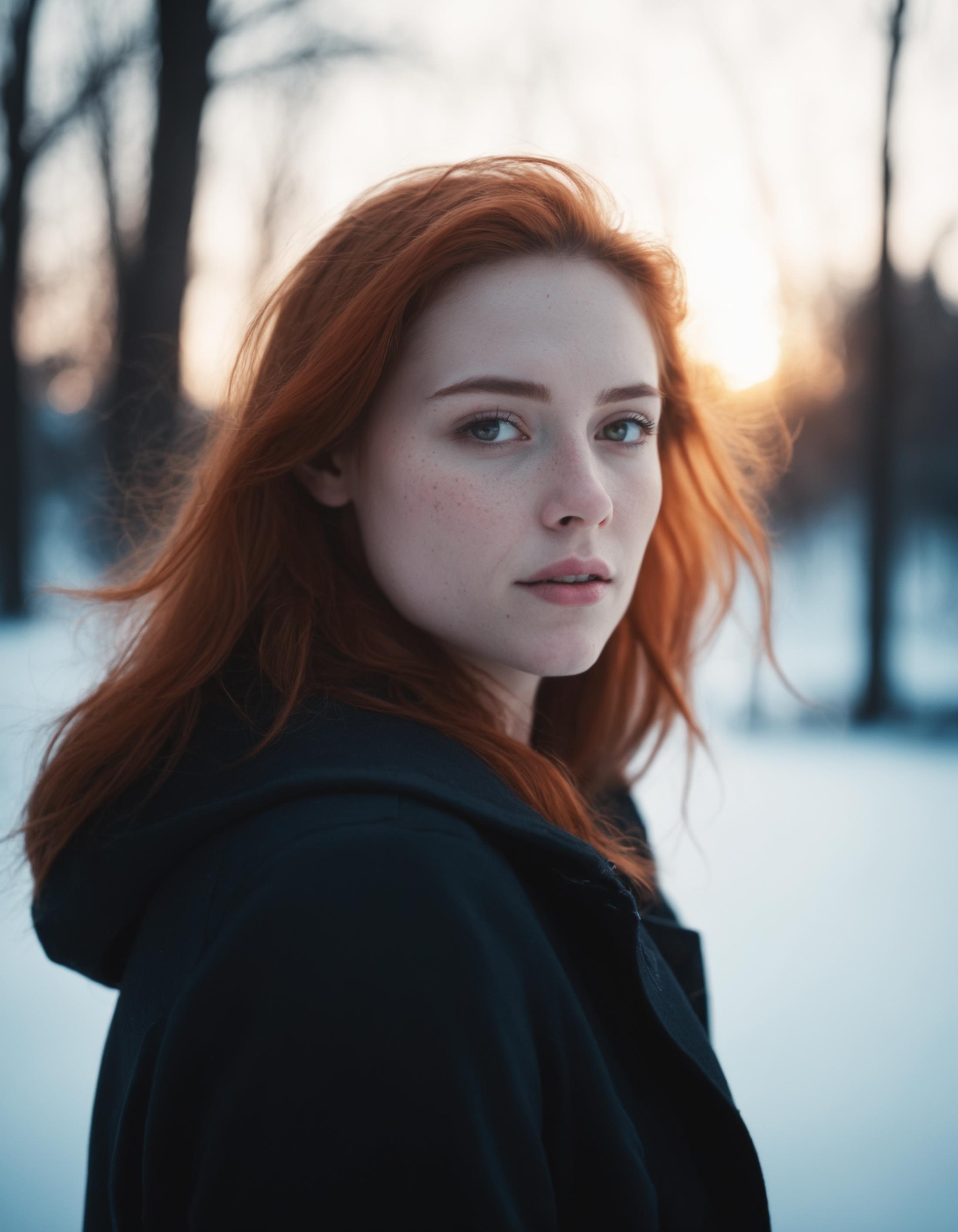 A woman with red hair wearing a black sweater standing in the snow.