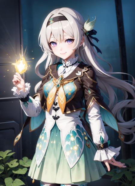 <lora:firefly:1> firefly \(honkai: star rail\), 1girl, solo, standing, dress, purple eyes, black hairband, white hair, long hair, dress, long sleeves, black capelet, black thighhighs, gradient legwear, blue skirt, puffy sleeves, closed mouth, light smile,