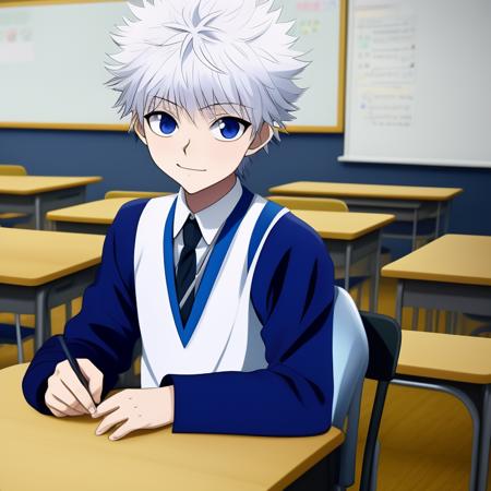 <lora:killua_zoldyck:0.65> 1boy ,killua_zoldyck, solo,  wearing school uniform, on the classroom