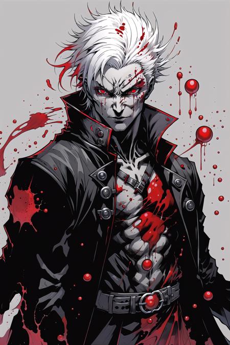 Vampires of Doom,  solo,  simple background,  red eyes,  gloves,  1boy,  white hair,  male focus,  fingerless gloves,  grey background,  coat,  blood,  glowing,  colored sclera,  black sclera,  red sclera, <lora:EMS-51635-EMS:0.800000>