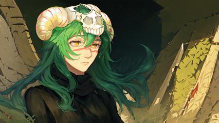 1girl, mksks style,  <lora:cz_nell-000002:0.8>, green hair, close up, looking away, long hair, depth of field, forest, ribbed sweater, horns, scull on head, (red facial mark:1.2), yellow eyes, painting \(medium\),