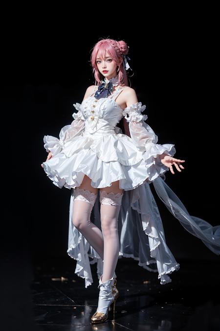 best quality, masterpiece, realistic, photorealistic, 1girl, solo, looking at viewer, full body, standing, dorothy costplay costume, cosplay, hair bun, white dress, detached sleeves, white thighhighs, high heel boots, detailed background, <lora:nikke_dorothy_cosplay_costume_v1:0.65>