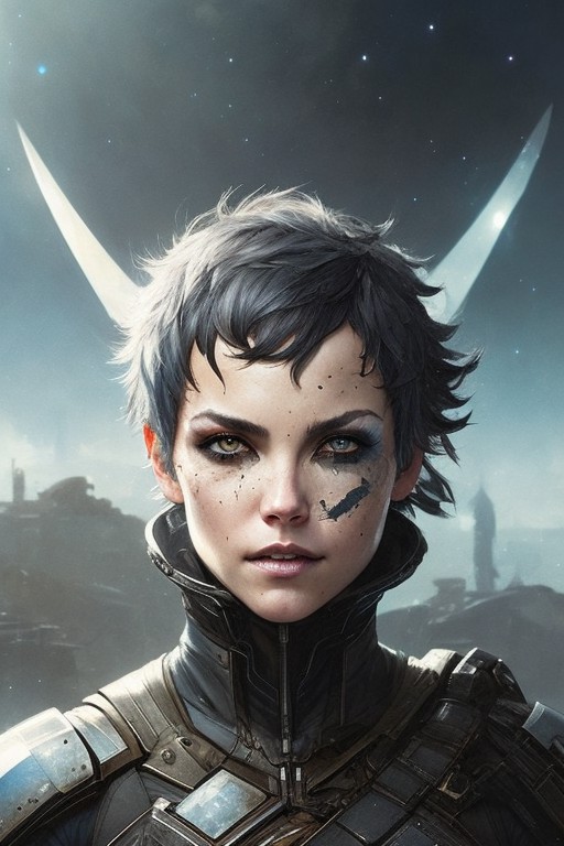 sci-fi, space rogue thief girl, (smirk:1.1), short hair, black hood, light armor, big grey eyes, beautiful detailed eyes, ...