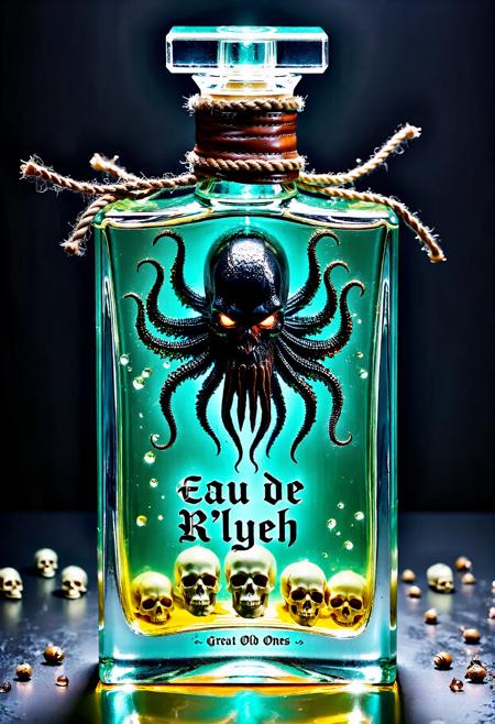 A professional photo of a luxury bottle of cologne for men, dark background, sleek composition, and while the cologne is transparent and slightly yellow and green, the bottle is made of transparent glowing luminious crystal. Inside the bottle is a lovecraftian diety cthulu swimming around, highly detailed with multiple appendages. Olde English style text is etched on the bottle, text:"Eau De R'lyeh", and below that in smaller font is signature text in Olde English Style, text: "Great Old Ones". Several very tiny skulls are seen in the bottom of the bottle.Camera angle: eye level. epic composition,8K,UHD,photorealistic,high detail,highly detailed, aaa graphics,sharp,1qqq,cthulu inside the bottle,cthulhu,lovecraftian entity,lum1, crystal bottle,spectral glow,arcane,eldritch,eldritch magic,horrorz,