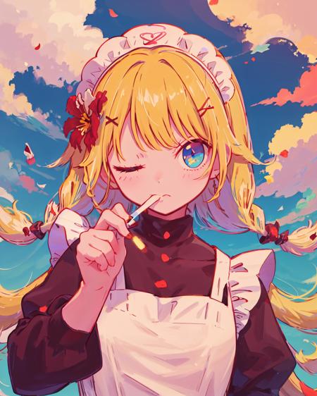 1girl, solo, blonde hair, one eye closed, flower, cigarette, maid headdress, braid, twin braids, hair ornament, multicolored eyes, holding, looking at viewer, long hair, blue eyes, cloud, smoking, pink flower, long sleeves, bangs, floating hair, blue flower, x hair ornament, hair flower, portrait, maid, red flower<lora:morning_glory:1>