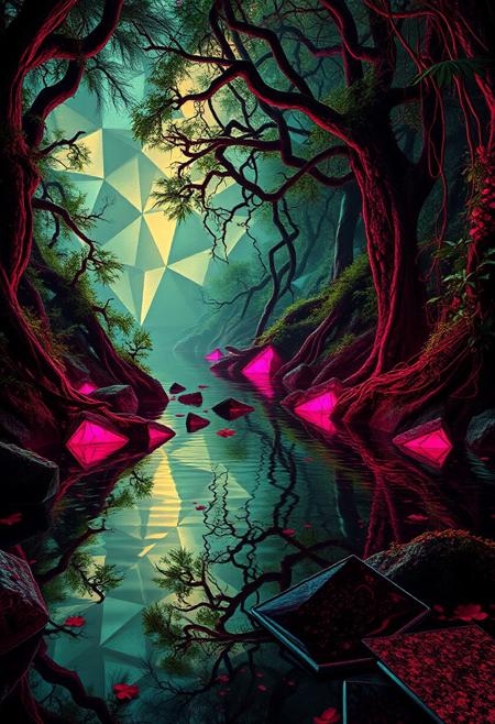 infinite geometry in water reflections, brutal edges, fractal-like ripples, (smooth surfaces:-1.4), smooth yet angular surfaces,gemstone, flowing organic forms, (low quality:-1.2), (bad composition:-1.3), raw, sculptural appearance, (overloaded multichromatic colors:1.6), vibrant, intersecting planes of water, mud, (soft lighting:-1.2), fragmented glowing elements, psychedelic tones, stark swamp lighting, neon glow from bio-luminescent plants, exaggerated features, (blurry:-1.2), saturated hues, (noisy:-1.1), rigid root structures, high resolution, (cartoonish:-1.1), sharp and jagged reflections in murky water, and plants, recursive patterns in moss and water, (rubygemstone:1.5), interlocking vines, dystopian vibe, unsettling, primal aesthetic, minimal details, unrefined textures, flowing organic geometry, (polished:-1.3), (disjointed anatomy:-1.3), intricate fractal structures in vegetation, (overly ornate:-1.5), photorealism, multichromatic colors, swamp, (ugly:-1.3)