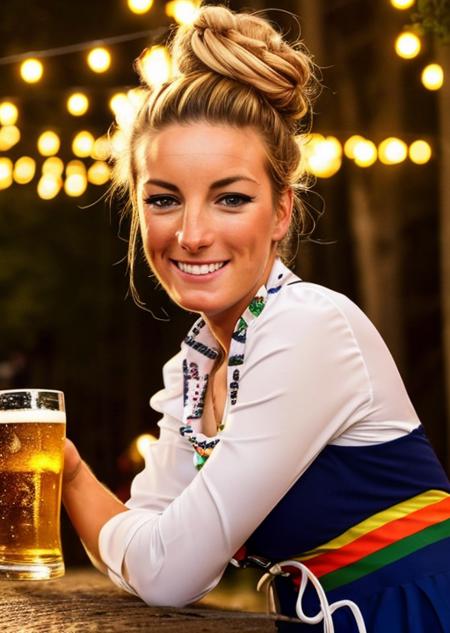 <lora:pauline_ferrand_prevot:0.9>,pauline_ferrand_prevot,portrait of pauline_ferrand_prevot, drinking a beer, smile, dress, oktoberfest, hair bun,  forest, street, lights, bar, upper body,4k;8k, realistic, cute girl, beautiful eyes, 25yo, big tits