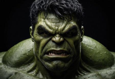 cinematic photo (hulk), . 35mm photograph, film, bokeh, professional, 4k, highly detailed, realistic, detailed, photo realistic, sharp focus, 8k, Close-up, grim smile, relaxed pose, portrait movie shot, serious, menacing, chiaroscuro style photo, dark background, minimalism, dramatic lighting, professional quality, dull highlights and shadows, natural and  original,