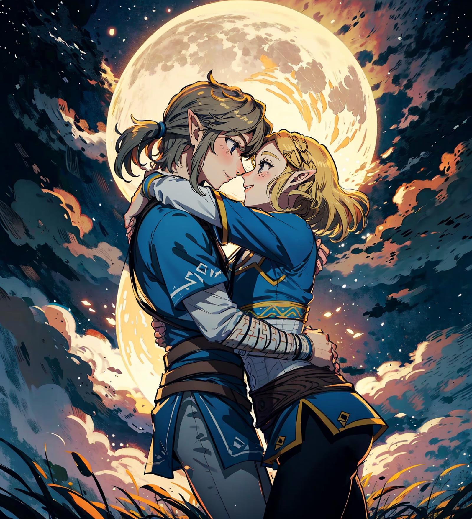 A Moonlit Night: Two Characters from the Legend of Zelda Embrace Under the Moon