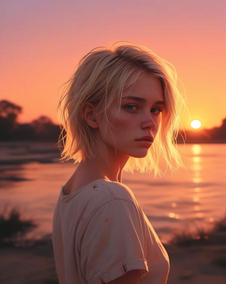 a solitary beautiful blonde girl,messy wob cut, set against a sunset time background, illustration style, aesthetic, best quality
