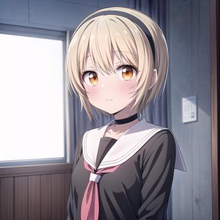 short hair,blonde hair,orange eyes,blush,white skirt,school uniform,hairband,black hairband,choker,sailor collar,long sleeves,white sailor collar,bangs,black shirt,black choker,ribbon,serafuku,shirt