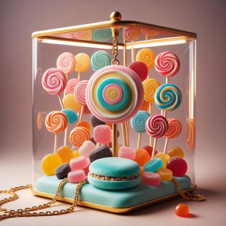 candy, lollipop pendant necklace, golden chain, velvet cushion, glass display case, surrounded by wrappers, soft pastel backdrop, cinematic lighting, colorful