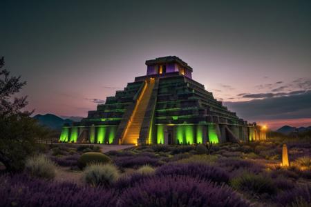 (tall ancient stone towers; 1.39) (ziggurat temple complex emerging from landscape: 1.39) raw photo, moonlight, night photography, high exposure, Arizona desert, Saguaro Cactus, Tall Mesa,  cozy, photorealistic, high detailed texture, 8k uhd, dslr, soft lighting, high quality, film grain, (Fujifilm XT3, Sony A7 IV: 1.19), highly detailed photography, (muted colors, cinematic, dim colors, soothing tones:1.2), vibrant, insanely detailed, hyperdetailed, (dark shot:1.2), (vsco:0.3), (intricate details:0.9), (hdr, hyperdetailed:1.2) (highest coherency: 1.39) (highest quality: 1.39) (rule of Thirds) (award winning) (breathtaking) (masterclass) (vibrant color: 0.79) (distant hillside) (purple-green glow: 1.49)