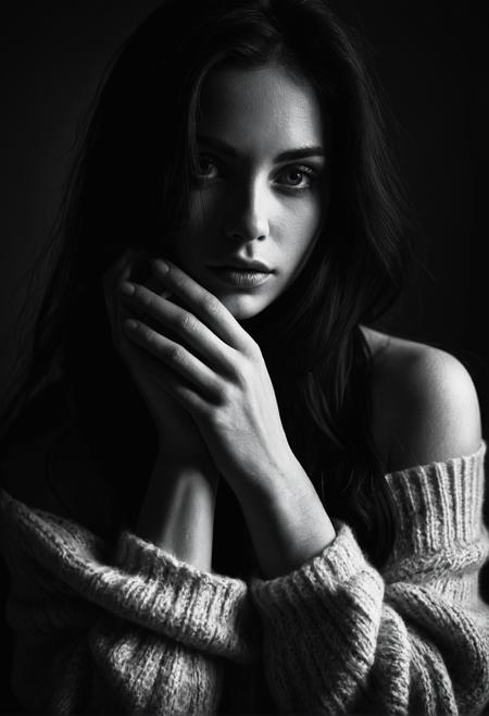 A high-contrast black and white portrait of a beautiful woman with long dark hair, wearing an off-shoulder sweater, resting one hand against her face, soft lighting, moody and cinematic atmosphere, expressive eyes, realistic fine-art photography style