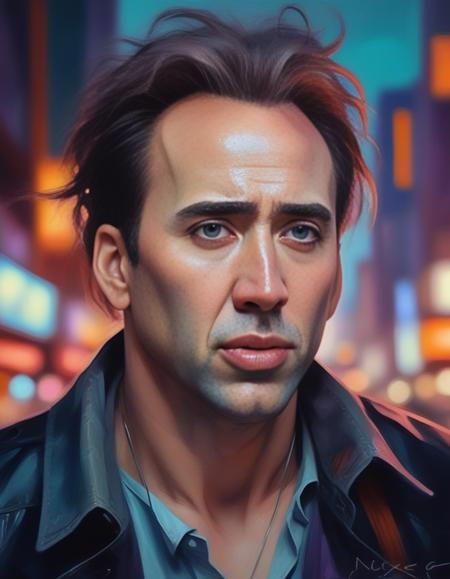 NicolasCage,<lora:NicolasCageSDXL:1>, art by Modern Disney and (Tanya Shatseva:1.1) , portrait,close up of a Fantastical Urban (Male:1.1) , Honey hairstyle, Paranoid Fangs, Spellbinding city street in background, deep focus, Lustful, Warmcore, moody lighting, L USM, Cold Colors, most cute in the world