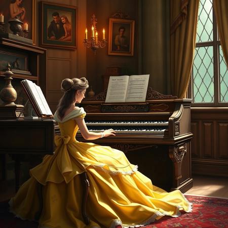 Princess Belle seated at the organ playing organ at home, masterpiece, best quality, digital painting, HDR, Pixar style Painting, extremely detailed 8K, high resolution, ultra quality,
