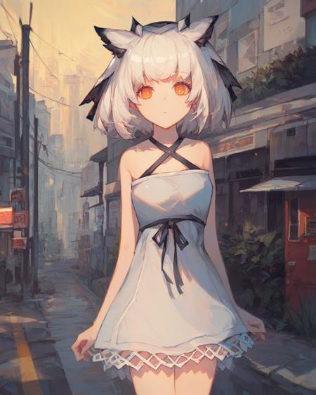 Ptilopsis, white hair, feather hair, bangs, owl ears, orange eyes, basicdress, criss-cross halter, owlcoat, armband, goggles around neck,  armband, gloves, socks, boots, promotiondress, ptilocoat, shorts, white thighhighs, belt strap, armband, high heel boots, thigh boots, hair ornament, hairclip, Black jacket, purple shirt, sleeveless, off shoulder, open clothes, high-waist skirt, knee boots, purple jacket, orange sweater, turtleneck, beret, black dress, black thighhighs, black skirt