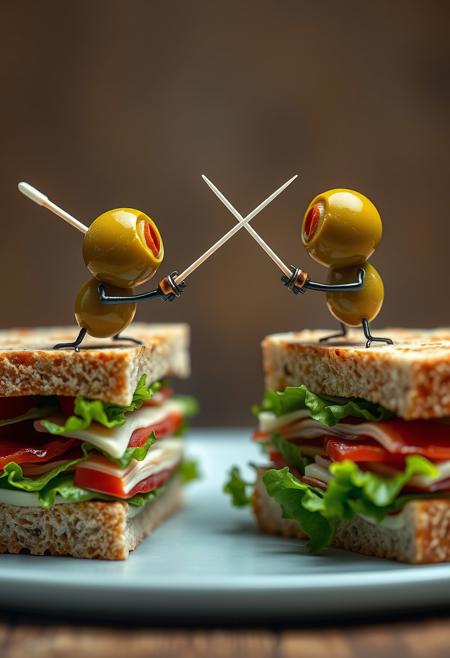 Create a hyper-realistic, hyper-detailed image of two olives engaged in a fierce fencing duel, standing atop a beautifully crafted club sandwich. Each olive wields a toothpick, expertly crafted to resemble a foil, as they face off in a battle of skill and strategy. The club sandwich, with its layers of turkey, bacon, lettuce, and tomato, serves as a majestic backdrop for the duel, with every detail meticulously rendered. Style: hyper-realistic, whimsical, humorous. Colors: rich, vibrant hues with a focus on greens and browns to convey the sense of a lively duel. Highest-Quality, 4k, Masterpiece