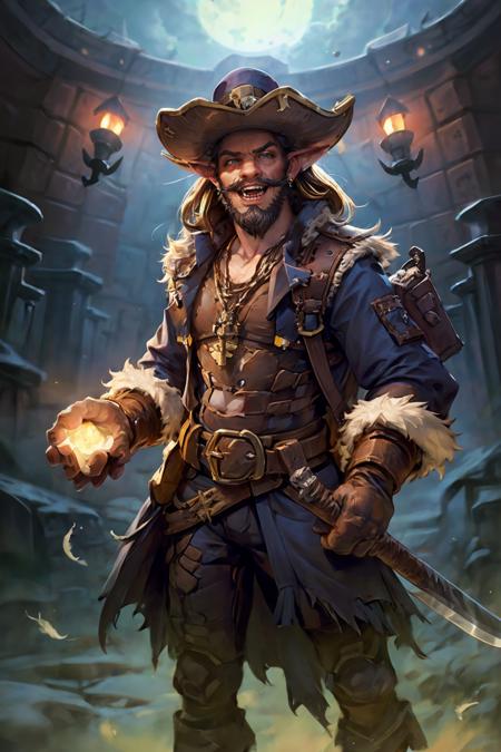 HEZI, Hearthstone, facial hair, 1boy, male focus, teeth, beard, candle, solo, hat, knife, open mouth, feathers, belt, gloves, boots, fire, furry, dagger, skull, potion, pirate hat, lantern, furry male, blue eyes, alternate costume, weapon, artist name, pointy ears, animal ears, bag, jewelry, brown hair, key, mouse, torn clothes, fangs, mustache, night, sky, glowing, earrings, colored skin, rope, long hair, backpack, holding, fur trim, bottle, standing<lora:çç³ä¼ è¯´-000006:0.7>,