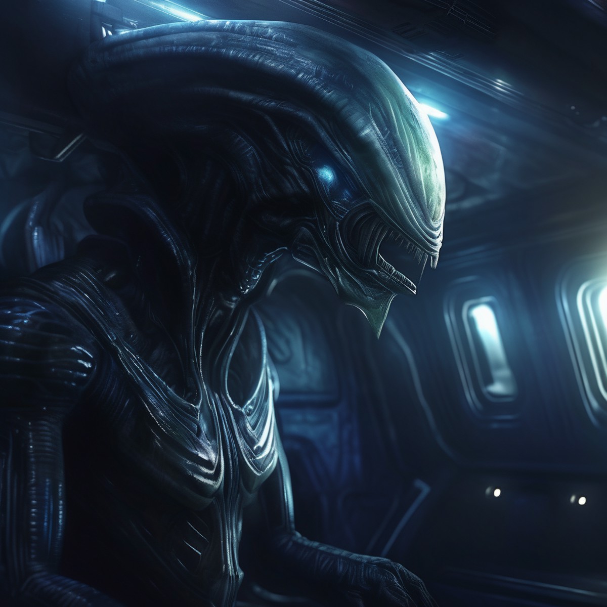 alien, monster, daiton, high resolution, 4k, photorealistic, in a spaceship, gloomy