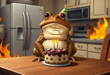 score_9, score_8_up, score_8_up, BREAK  common toad, brown, beige, leathery skin, short legs, large bumps covering back, amphibian, big eyes, yellow eyes, mouth slightly open, tongue sticking out of mouth, party hat, wall eyes, open eyes, realistic,
BREAK solo, common toad is in a kitchen, common toad is sitting on top a table in the kitchen, the table is decently sized and made of wood, common toad is sitting at one end of a table, a tiny birthday cake is on the table in front of common toad, tiny birthday cake isn't too far from common toad, a single candle is on the tiny cake, the single candle is lit, common toad has a blank stare, common toad is confused, common toad is trying to process what is going on, the kitchen is on fire, there is fire all over the kitchen, somehow the table the common toad is on is untouched by the fire and is perfect shape, common toad party hat tip is on fire, common toad is sitting still and is not moving, detailed common toad, realistic common toad, common toad is actual size, detailed fire, realistic fire, there are napkins on the table, there are plates on the table, there  are forks and knifes on the table,