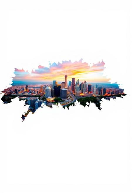 In the center of a plain, white background, a vibrant wallpaper art masterpiece showcases the stunning scene of The City of Awe. Dense, with its iconic skyline, is depicted in the style of this unique and captivating composition.