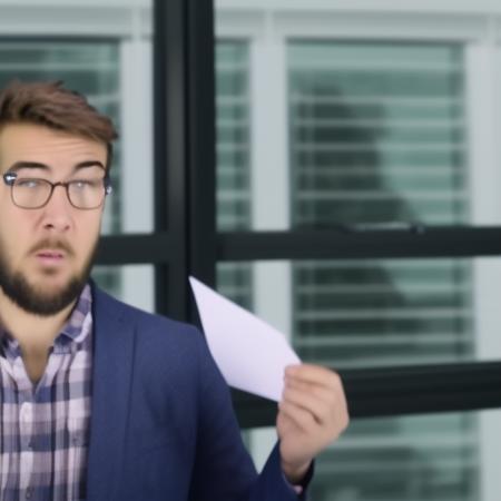 1boy, male_focus, Pitch Meeting, a man  holding a piece of paper in his hand and a folder in his other hand, in front of a window, cinematic lighting, rim lighting, PitchMeetGeorge