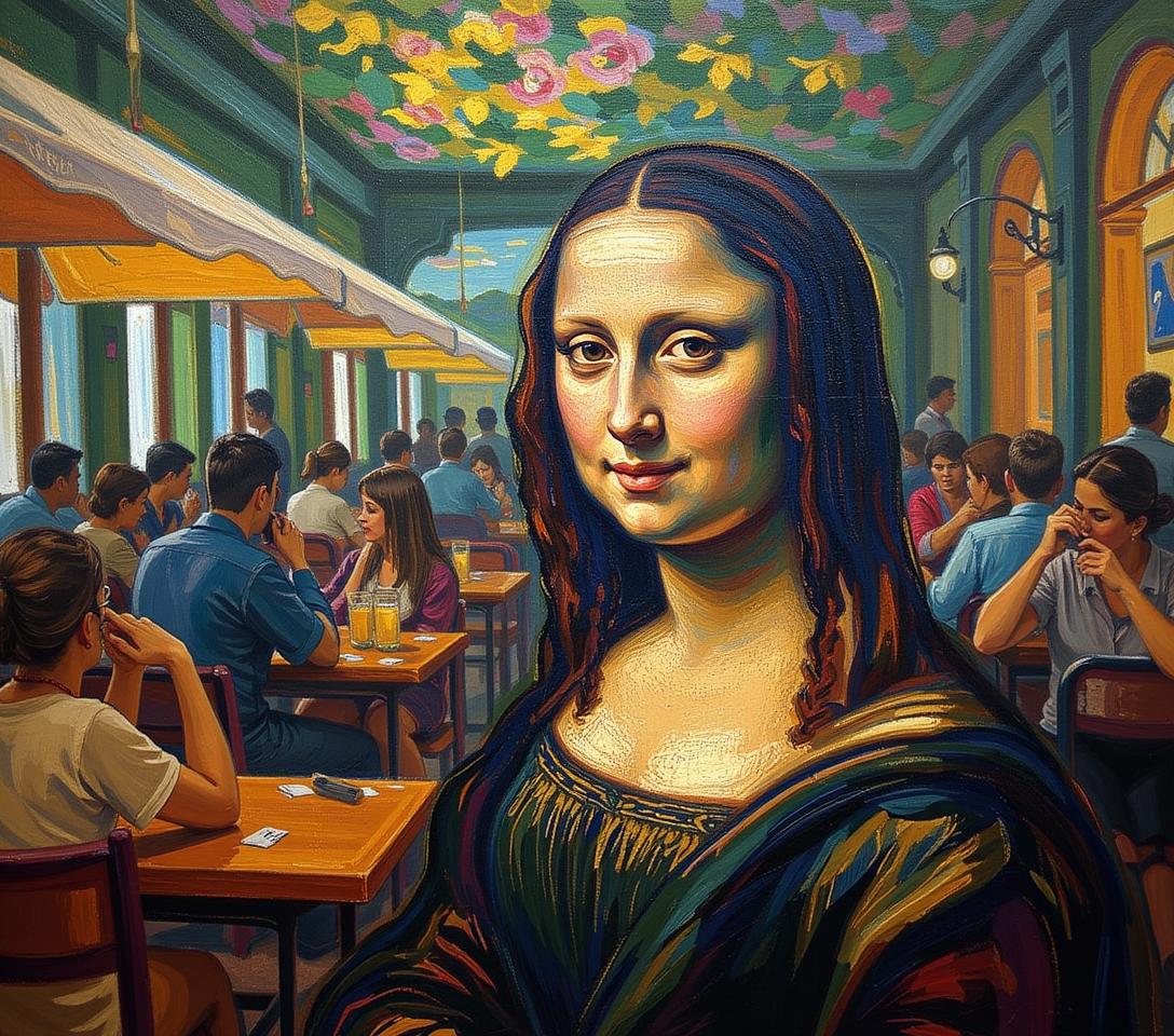 A photorealistic, impressionistic oil painting style image depicting a close-up portrait of Mona Lisa within a bustling cafeteria setting during summertime. The focus is sharply rendered on Mona Lisa's face and upper torso, with the background cafeteria scene exhibiting soft, blurred outlines characteristic of a 270mm depth of field. Employ a vibrant color palette reminiscent of Monet's works, emphasizing dappled sunlight and reflections on surfaces.  Incorporate visible brushstrokes and a textured canvas surface to emulate the tactile quality of an oil painting.