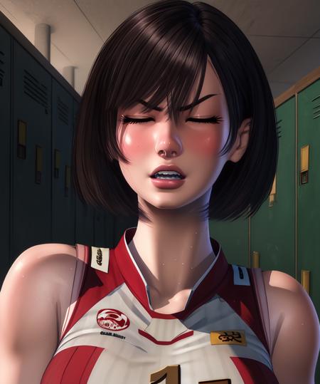 kaori,black hair,brown eyes,short hair,serious,closed eyes,
volleyball uniform,
locker room,dim lighting,
(insanely detailed, beautiful detailed face, masterpiece, best quality),solo,<lora:Maika:0.8>,