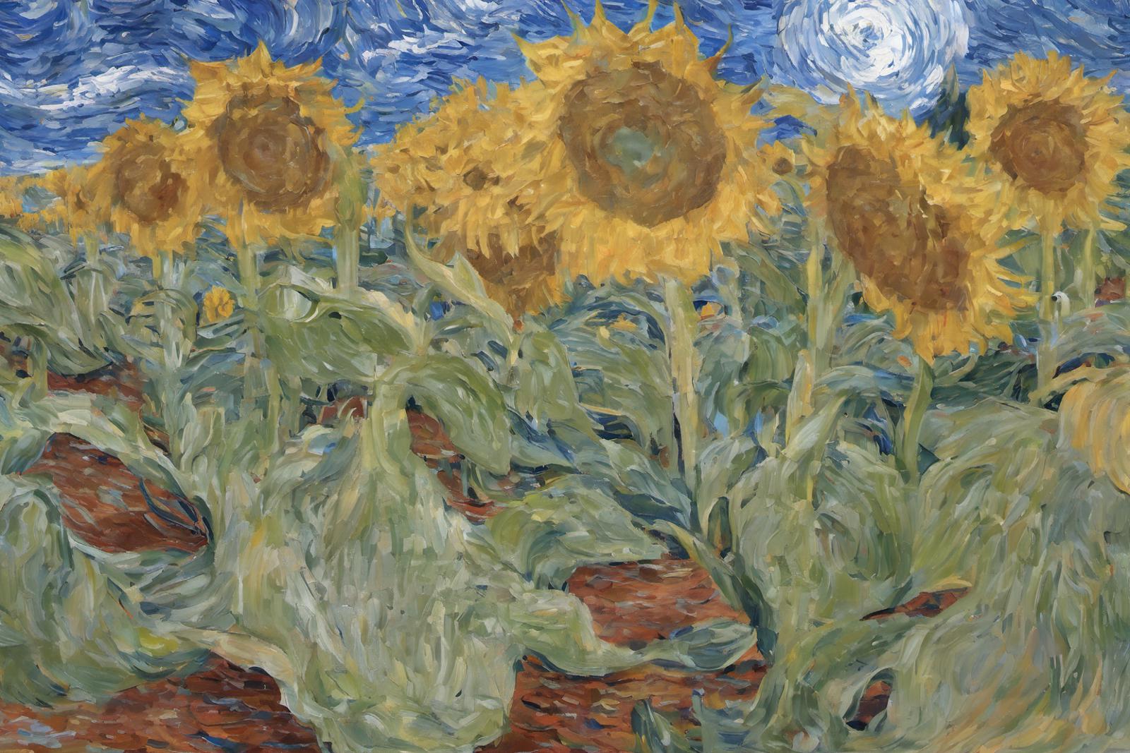 A group of sunflowers in a field with blue sky and white clouds in the background.