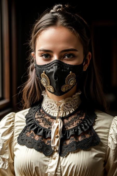 a woman wearing a medical mask, victorian era, cinematography, intricately detailed, crafted, meticulous, magnificent, maximum details, extremely hyper aesthetic, hdr, (intricate details, hyperdetailed:1.2), cinematic shot, centered, soft lighting,