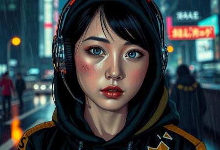 Half-Japanese female hacker. More Caucasian with freckled nose and cheeks. Teal lipstick. Aged 28. Cyberpunk clothing. Hi tech chrome and carbon fibre one eared headset. Bold graphic styled Hoodie with Japanese lettering down a sleeve and a bold golden stripe down each sleeve   The girls eye pupils have swirling Galaxy of stars and specks floating in a nebula pattern   Posed in front of a Rainy city at nite