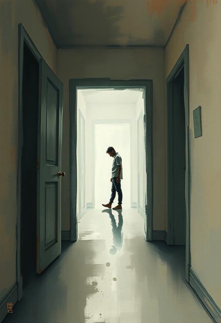 A man waking up to find his home stretching infinitely, the doors and walls warping as if alive
expressive mixed-media abstraction meets atmospheric impressionism, dynamic loose brushwork combined with soft ethereal textures, muted and desaturated color palette with subtle luminous highlights, rough painterly textures blended with delicate tonal gradations, high-contrast lighting with diffused atmospheric depth, dreamlike yet gritty compositions, fusion of cyberpunk aesthetics with tranquil natural landscapes, expressive and fragmented figures emerging from hazy, impressionistic backgrounds, balance of raw energy and meditative stillness