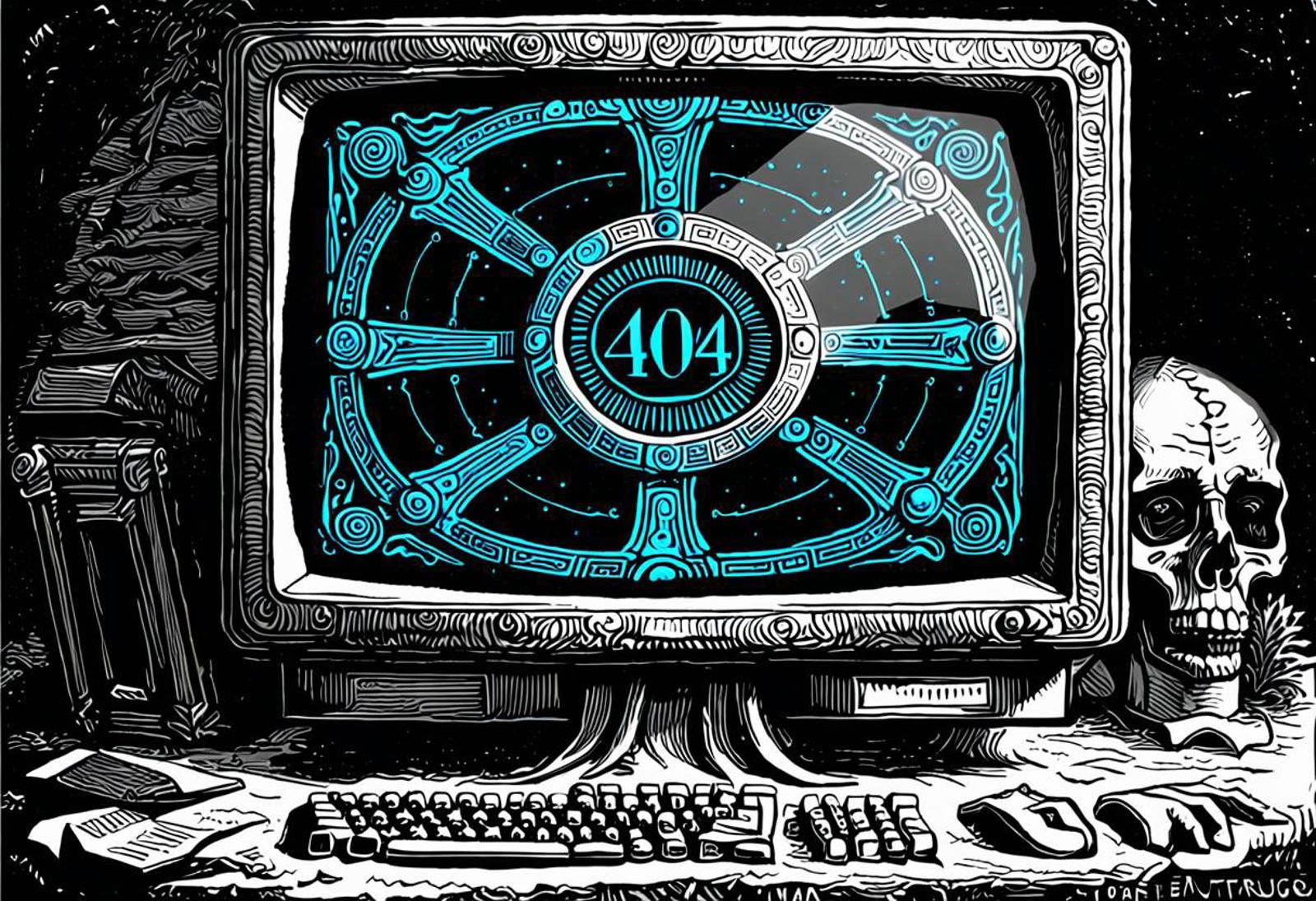 A computer monitor displaying the number 404 on a blue background.