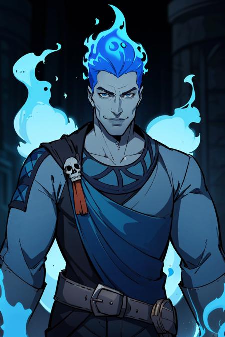 centered, award winning upper body portrait, cowboy shot, (looking at viewer:1.2), |
<lora:Hades_Disney:0.7>, Hades_Disney,  (blue fire:1, fiery hair, blue fire), solo, 1boy, (heart on fire), young handsome face,
grey skin, smile,
skull accessory,
| blue fire,
| bokeh, depth of field, cinematic composition, |  dynamic pose,