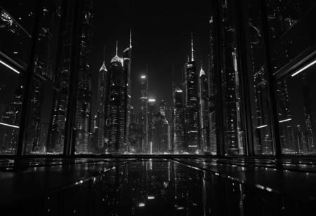 cinematic, (((black and white, monochrome, greyscale))), symmetrical, silhouette, of a futuristic, neon, cyberpunk, city, the stars of the night reflect upon the glass shells of skyscrapers, dark, at night, 4k, high quality, grain, grainy, noise, detailed, contrast, heavy dynamic shadows, atmospheric,