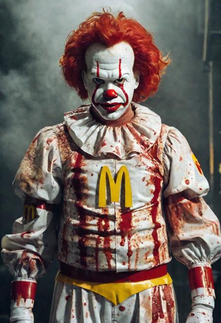 creative photo of sweaty McDonald's character Ronald McDonald as a real character, McDonalds logo on chest, blood, (dystopian movie:1.22), film grain, sweaty face, extreme detailed face ,angry, as gore movie, gruesome:1.0, full body photo