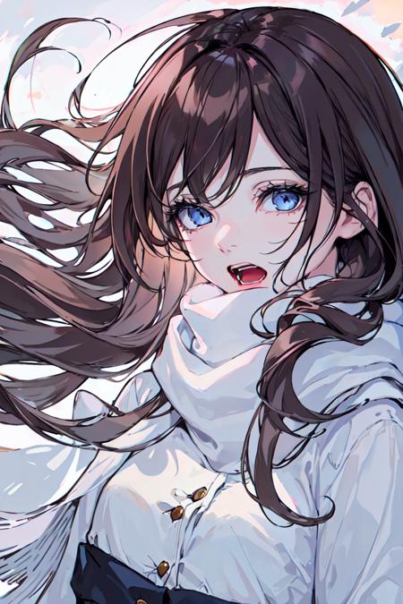 masterpiece, intricate detail,best quality,  <lora:BM94199:0.8>1girl, solo, long hair, open mouth, scarf, blue eyes, brown hair, upper body, teeth, long sleeves, breath, eyelashes, white scarf, outdoors, floating hair