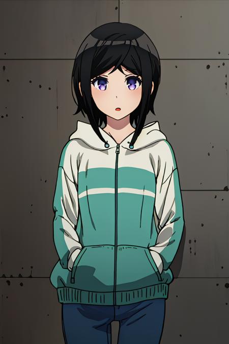 extremely detailed 8K wallpaper,
masterpiece,best quality,1girl,solo,nice hand,good hand, 
<lora:Chihiro_Hashima_v1:1>, Chihiro_Hashima,hood,jeans, blue pants,undresing,open hoodie,underwear