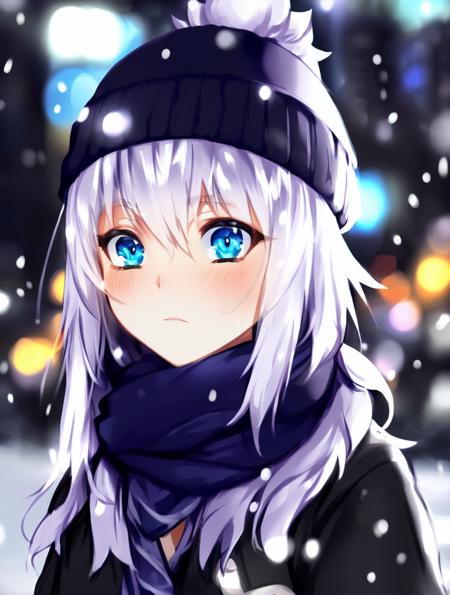 absurdres, masterpiece, highres, cinematic, full HD, 8k, intricate detail, ultra detailed, illustration, (portrait), landscape, 1girl, (road, street:1.4) gothic, white hair, black beanie, blurry, (bokeh, blurry background:1.4), (city lights, neon lights:1.4), winter, morning, sunrise, (Lens Flare), (city, cityscape:1.4), light blue eyes, eye focus, scarf, depth of field, snow, snow particles