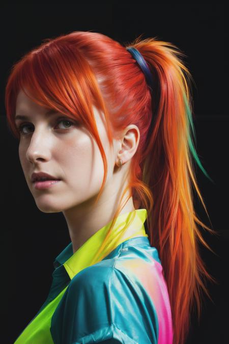 portrait photo of hwm ,(neon color shirt), (red hair), hair in a ponytail,  alluring portrait, intricate, highly detailed, digital painting, artstation, concept art, naughty, sharp focus, cinematic lighting, illustration, art by artgerm and greg rutkowski, alphonse mucha, cgsociety,<lyco:HayleyWilliams-RealVision-V1.0:1.0>