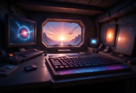 (Isekai anime style,manga,animw,best quality,,up_8,up_9,8k,master_class,masterpiece,real good,totally awesome.vibrant colors,perfect beautiful early morning light)l. The space ship's computer (with keyboard).